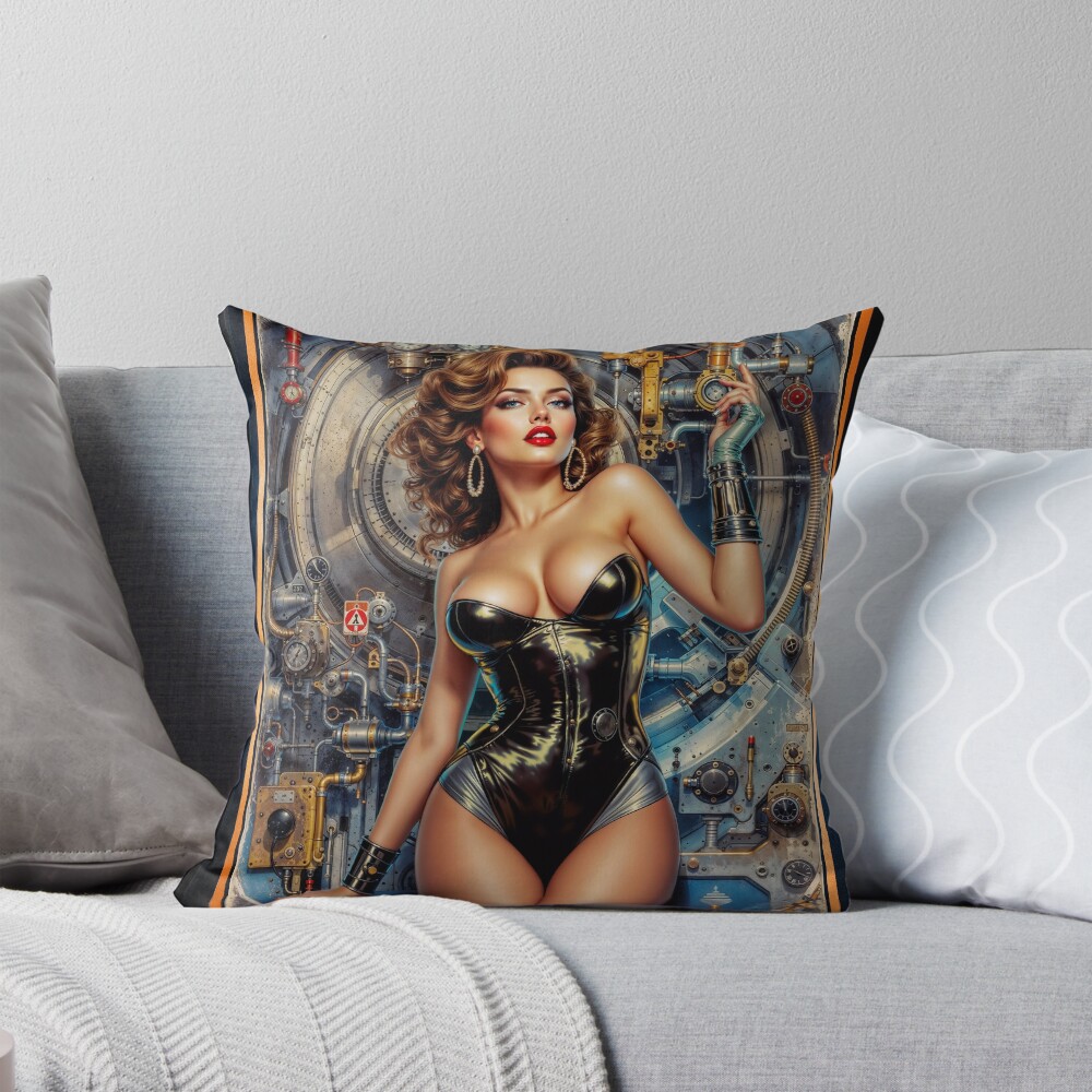 Don't Let Her Play With The Dials Retro Pinup Portrait Stunning AI Concept Art by Xzendor7 Decorative Art Print Throw Pillow