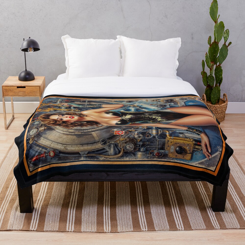 Don't Let Her Play With The Dials Retro Pinup Portrait Stunning AI Concept Art by Xzendor7 Decorative Art Print Throw Blanket