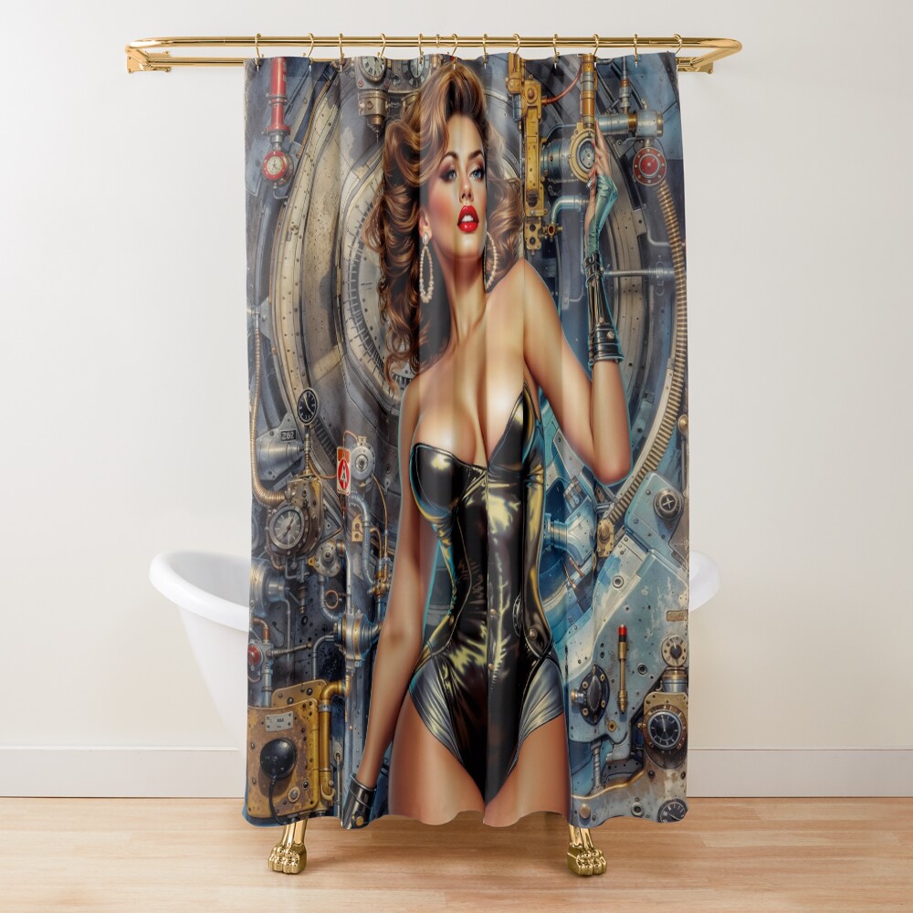 Don't Let Her Play With The Dials Retro Pinup Portrait Stunning AI Concept Art by Xzendor7 Decorative Art Print Shower Curtain