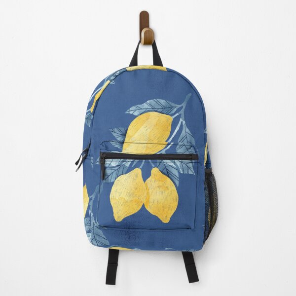 Item preview, Lemons illustration with blue leaves on dark blue background designed and sold by helga-wigandt.