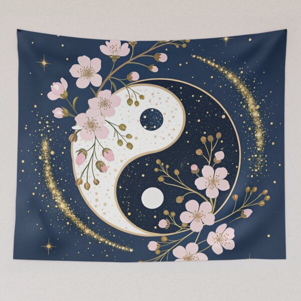 Item preview, Yin-yang symbols with cherry blossoms and golden sparkles. designed and sold by Lucky 777.