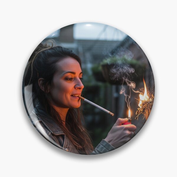 Item preview, Woman Lighting Cigarette Near Burning Hanging Basket in Backyard. designed and sold by Spark2Seduction.