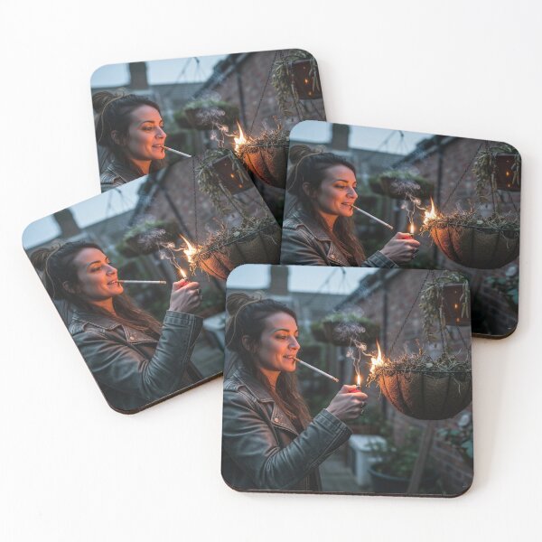 Item preview, Woman Lighting Cigarette Near Burning Hanging Basket in Backyard. designed and sold by Spark2Seduction.