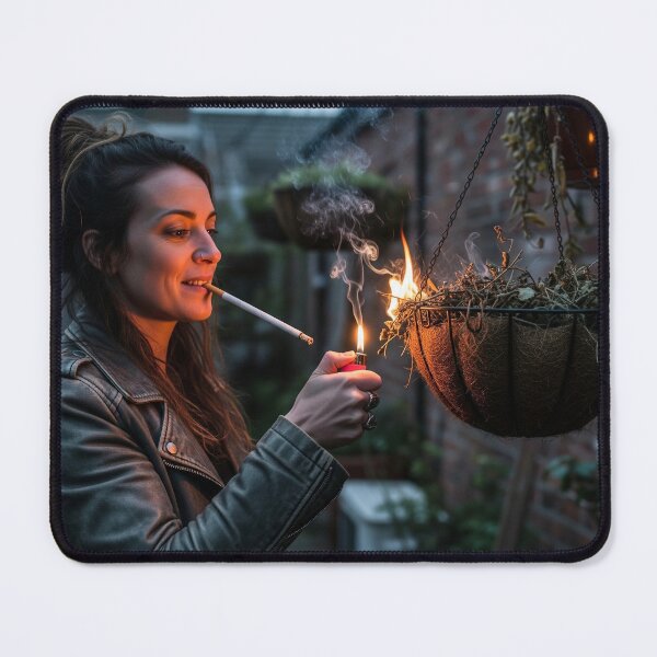 Item preview, Woman Lighting Cigarette Near Burning Hanging Basket in Backyard. designed and sold by Spark2Seduction.