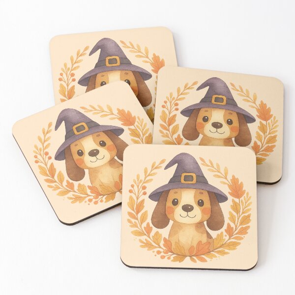 Item preview, Cute Dog in Witch Hat with Autumn Leaves Wreath designed and sold by AlenaArtStudio.