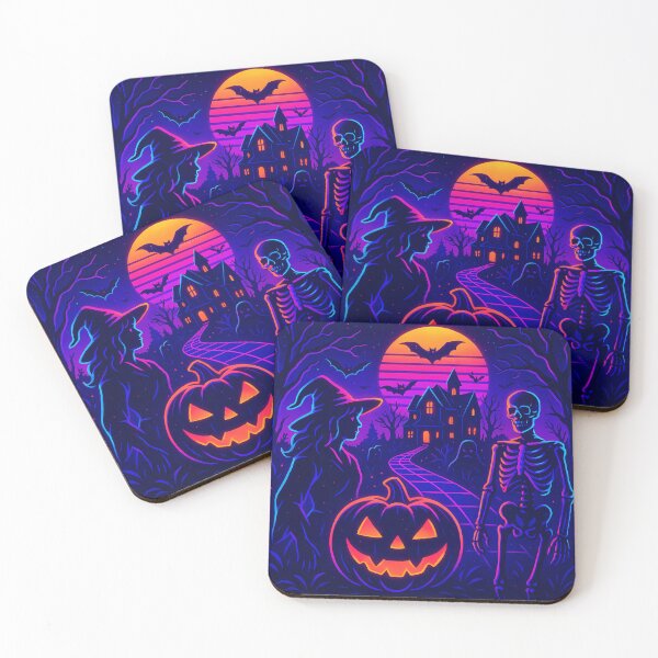 Item preview, Neon Synthwave Haunted Retreat – Witch, Skeleton & Pumpkin Halloween Art designed and sold by JWsNeonHorizons.