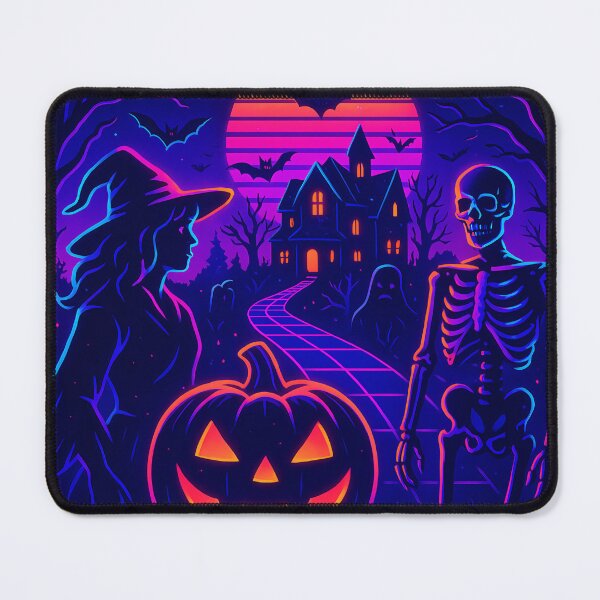 Item preview, Neon Synthwave Haunted Retreat – Witch, Skeleton & Pumpkin Halloween Art designed and sold by JWsNeonHorizons.