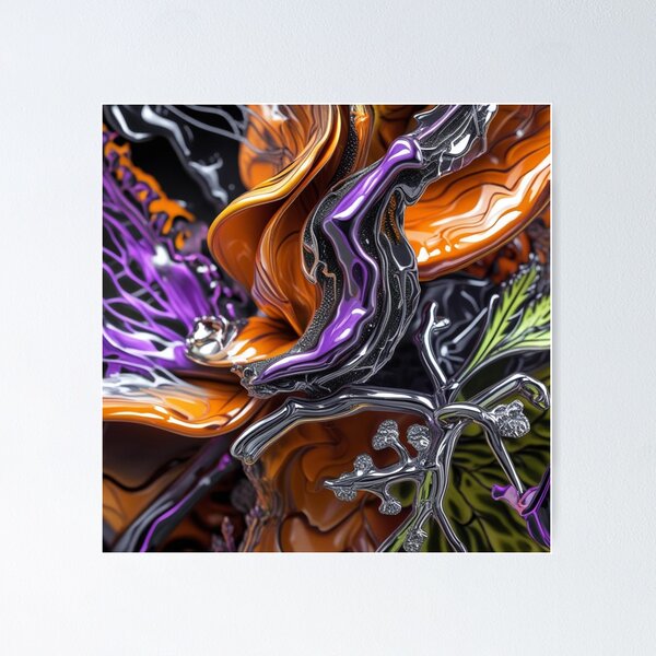 Item preview, Obra de arte abstracta de naturaleza cromada en naranja, morado, negro y plata designed and sold by Harmonic_Layers.