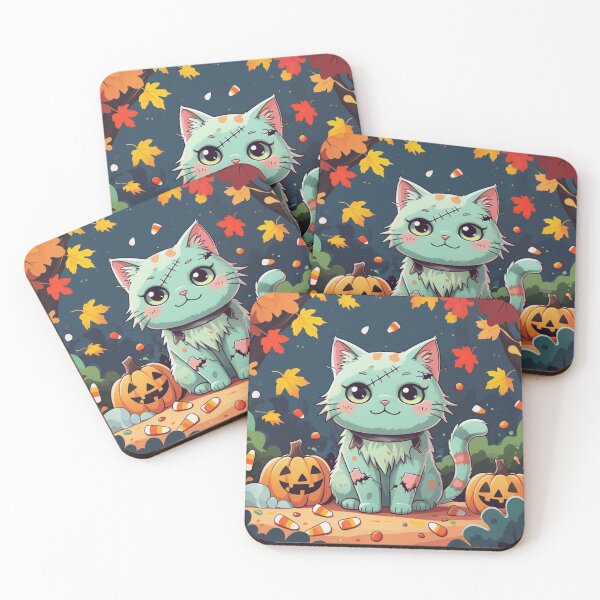 Item preview, Kawaii Zombie Cat with Pumpkins – Cute Halloween Illustration designed and sold by ArtBySylvia.