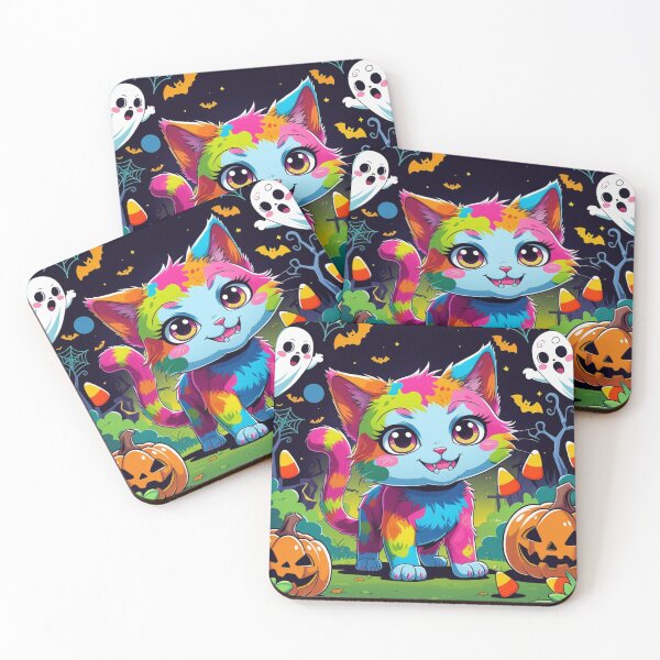 Item preview, Colorful Undead Kitty – Spooky Cute Halloween Art with Pumpkins and Ghosts designed and sold by ArtBySylvia.