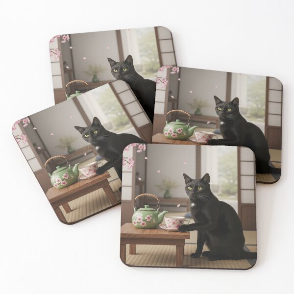 Item preview, Tranquil Black Cat Tea Ceremony | Japanese Art & Zen Decor designed and sold by Jade Ado.