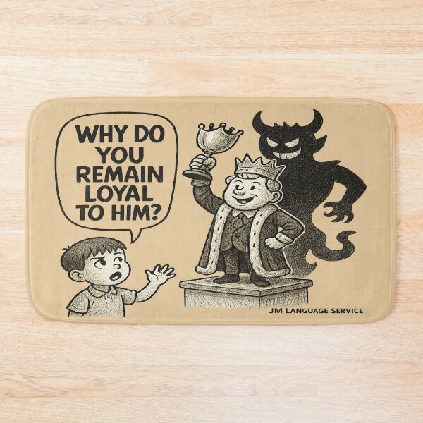Item preview, Why Do You Remain Loyal to Him? – Satirical Political Cartoon designed and sold by JM Language Service.