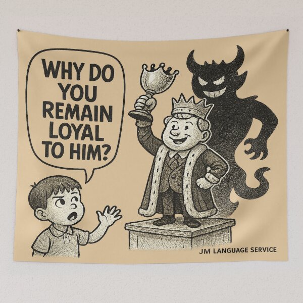 Item preview, Why Do You Remain Loyal to Him? – Satirical Political Cartoon designed and sold by JM Language Service.