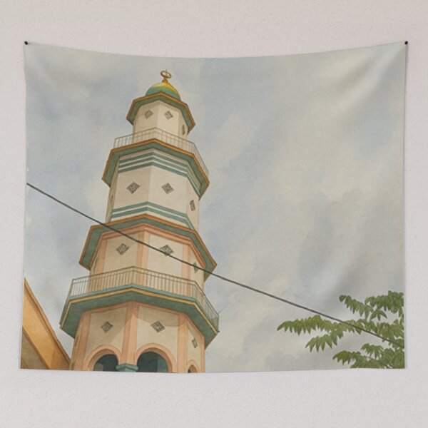 Item preview, Aesthetic Mosque Tower at Pasarturi Station Watercolor Art by AVTR designed and sold by Henry Lopez.
