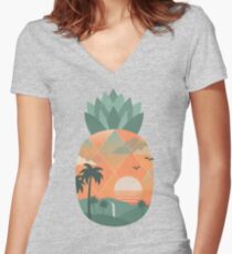 Tropisches Gold Tailliertes T-Shirt mit V-Ausschnitt