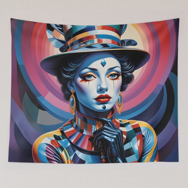 Item preview, Vibrant Harlequin Portrait – Surreal Pop Art Woman in Striped Costume designed and sold by artmanikin.