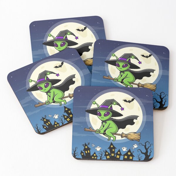 Item preview, The Alien Witch's Ride: Halloween Trick-or-Treat, a vibrant and spooky design with an alien witch flying on a broomstick over a village, with ghosts, bats and a full moon designed and sold by Grang Art Artistic Designs.