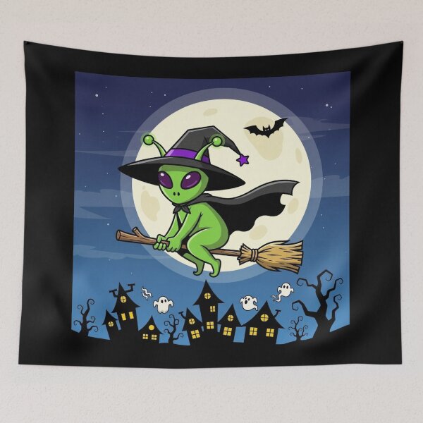 Item preview, The Alien Witch's Ride: Halloween Trick-or-Treat, a vibrant and spooky design with an alien witch flying on a broomstick over a village, with ghosts, bats and a full moon designed and sold by Grang Art Artistic Designs.