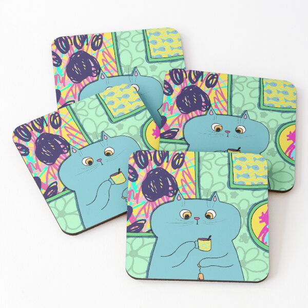 Item preview, Teal Kitty Drinking Tea From A Yellow Cup designed and sold by Julia Sol.