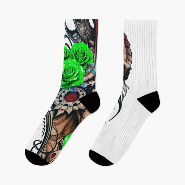 Item preview, Green color roses Fantasy Gothic Tattoo Art – Black & White Dragon Skull Warrior Woman Illustration designed and sold by Bspaces.
