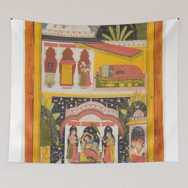 Item preview, A Royal Woman in a Pavilion Desavarari Ragini of Dipak, from a Ragamala, c. 1695. Northwestern India, Rajasthan, Rajput Kingdom of Mewar. Gum tempera, ink, silver, and gold on paper designed and sold by Vintage Designs +.