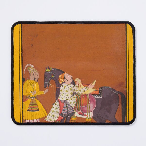 Item preview, A Warrior Mounting a Held Horse Saindhava Ragaputra of Shri, from a Chamba Ragamala, c. 1675. Northern India, Himachal Pradesh, Pahari Kingdom of Chamba designed and sold by Vintage Designs +.