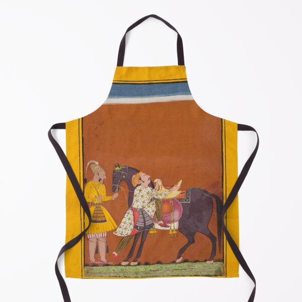 Item preview, A Warrior Mounting a Held Horse Saindhava Ragaputra of Shri, from a Chamba Ragamala, c. 1675. Northern India, Himachal Pradesh, Pahari Kingdom of Chamba designed and sold by Vintage Designs +.