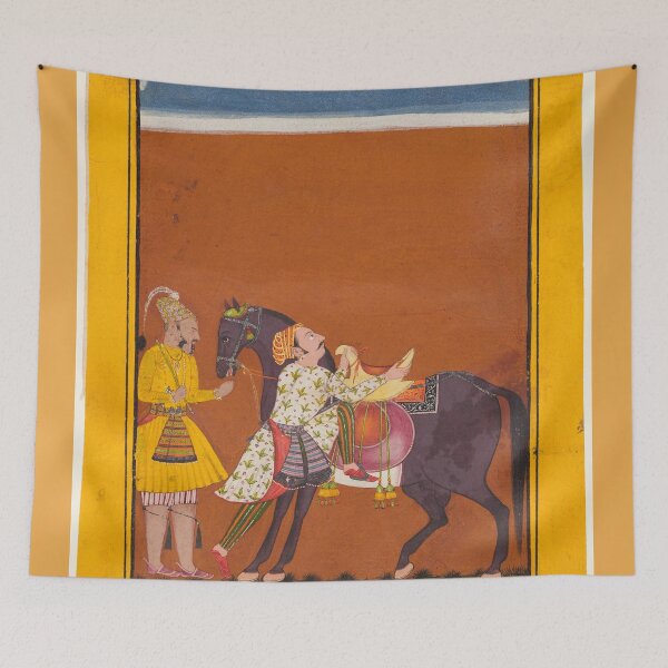 Item preview, A Warrior Mounting a Held Horse Saindhava Ragaputra of Shri, from a Chamba Ragamala, c. 1675. Northern India, Himachal Pradesh, Pahari Kingdom of Chamba designed and sold by Vintage Designs +.