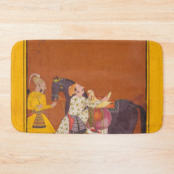 Item preview, A Warrior Mounting a Held Horse Saindhava Ragaputra of Shri, from a Chamba Ragamala, c. 1675. Northern India, Himachal Pradesh, Pahari Kingdom of Chamba designed and sold by Vintage Designs +.