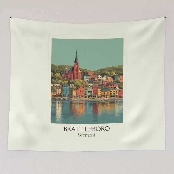 Item preview, Brattleboro Vermont Retro Travel Art | Connecticut River Town Design designed and sold by TuncGK.