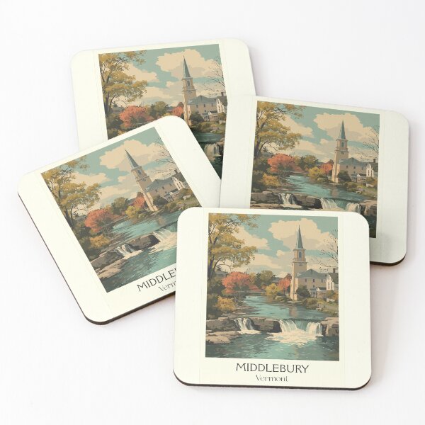 Item preview, Middlebury Vermont Retro Travel Art | Otter Creek Falls & College Town designed and sold by TuncGK.