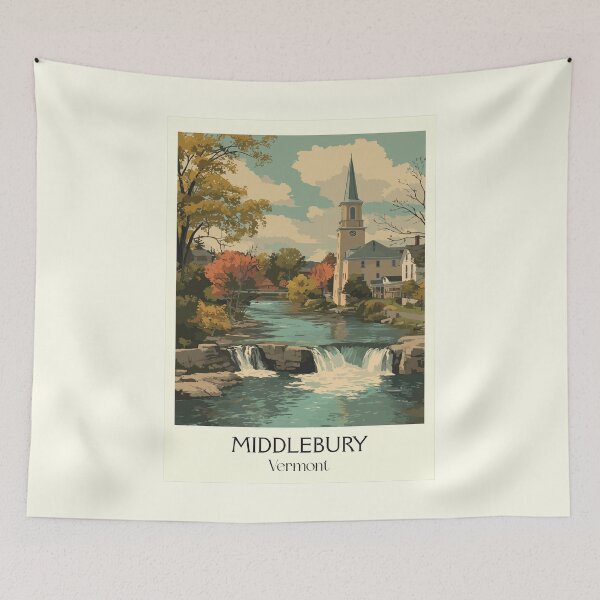 Item preview, Middlebury Vermont Retro Travel Art | Otter Creek Falls & College Town designed and sold by TuncGK.