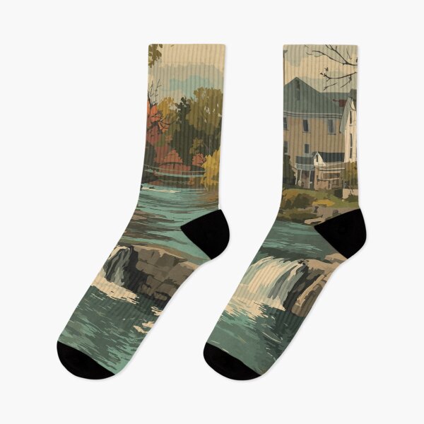 Item preview, Middlebury Vermont Retro Travel Art | Otter Creek Falls & College Town designed and sold by TuncGK.