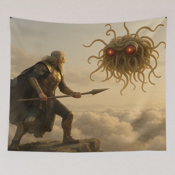 Item preview, Odin vs. the Flying Spaghetti Monster – Clash of the Gods designed and sold by NorseDrip.