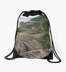 Grounds of castle C13-17 from keep Urquhart Bay Loch Ness Scotland 19840910 0006 Drawstring Bag