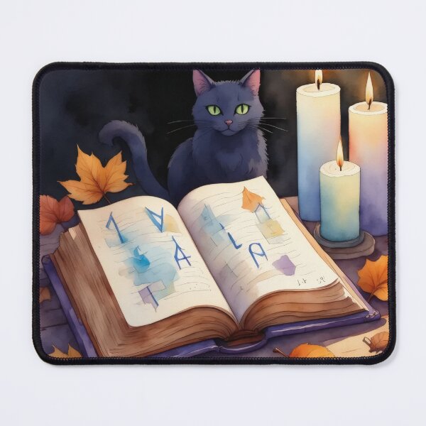 Item preview, Mystical Black Cat with Spellbook and Candles designed and sold by Ombrya.