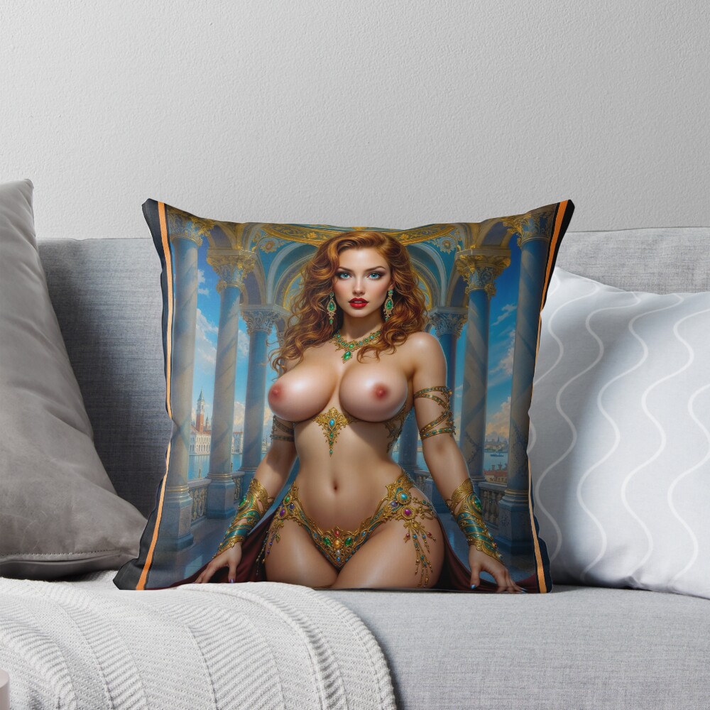 Pin-Up Empress Aethelina Of Trimilous Golden Portrait Gorgeous AI Concept Art by Xzendor7 Decorative Art Print Throw Pillow
