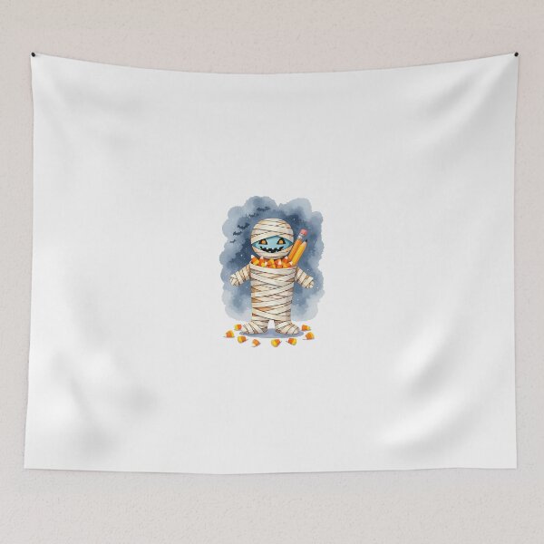 Item preview, Colorful mummy character holding school supplies in a festive Halloween setting designed and sold by SpaceartLilu.