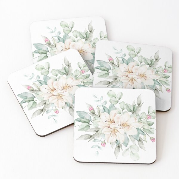 Item preview, Elegant watercolor floral composition featuring delicate white azalea flowers with lush eucalyptus leaves and soft pink buds designed and sold by eves_aquadreams.