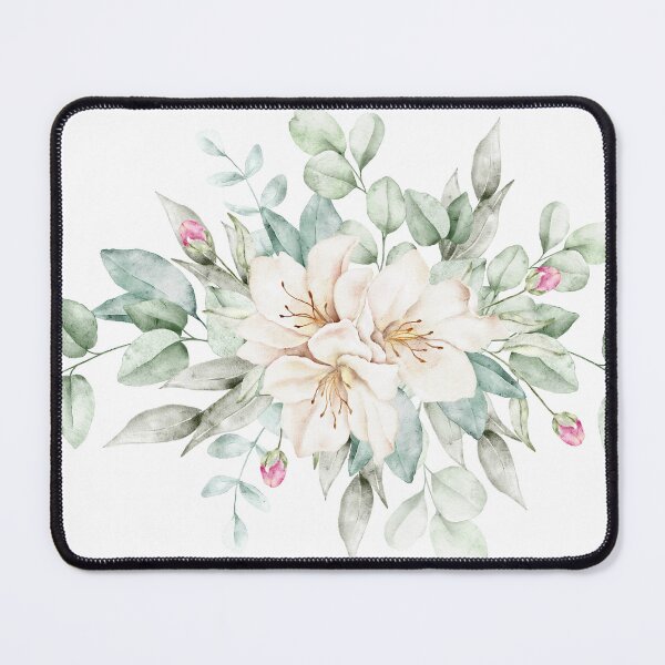 Item preview, Elegant watercolor floral composition featuring delicate white azalea flowers with lush eucalyptus leaves and soft pink buds designed and sold by eves_aquadreams.
