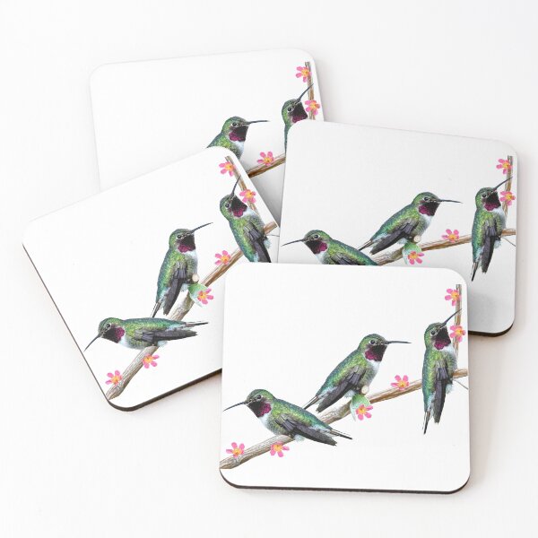 Item preview, Three Hummingbirds perched on a branch of a Floss Silt tree with flowers designed and sold by Peter Etchells.