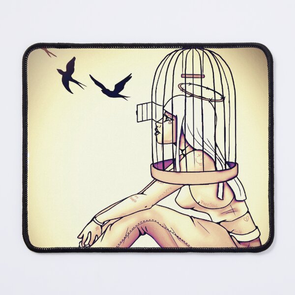 Item preview, Free the mind and imagination: Woman with a cage on her head releasing birds - Symbolic surreal art about mental freedom and imagination designed and sold by SegretDreams.