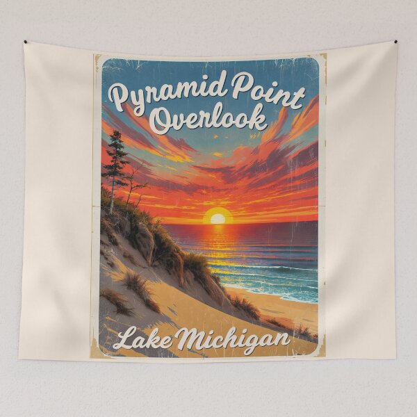 Item preview, Pyramid Point Overlook Michigan Vintage Travel Poster designed and sold by TheOldMittenIllustrated.