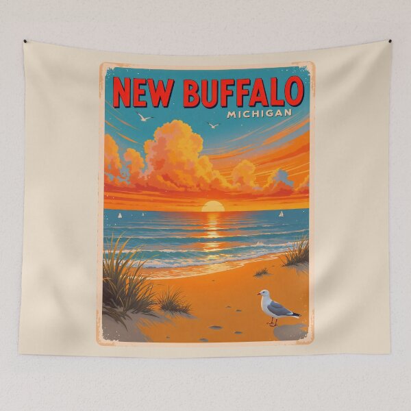 Item preview, New Buffalo Michigan Vintage Travel Poster designed and sold by TheOldMittenIllustrated.