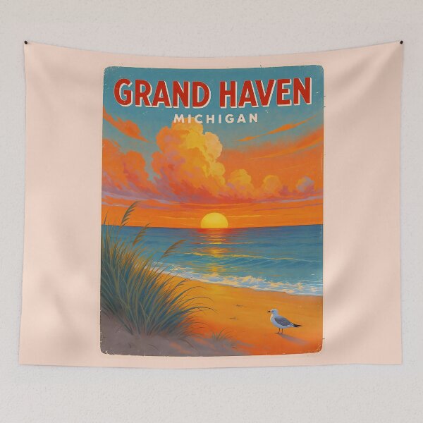 Item preview, Grand Haven Michigan Vintage Travel Poster designed and sold by TheOldMittenIllustrated.