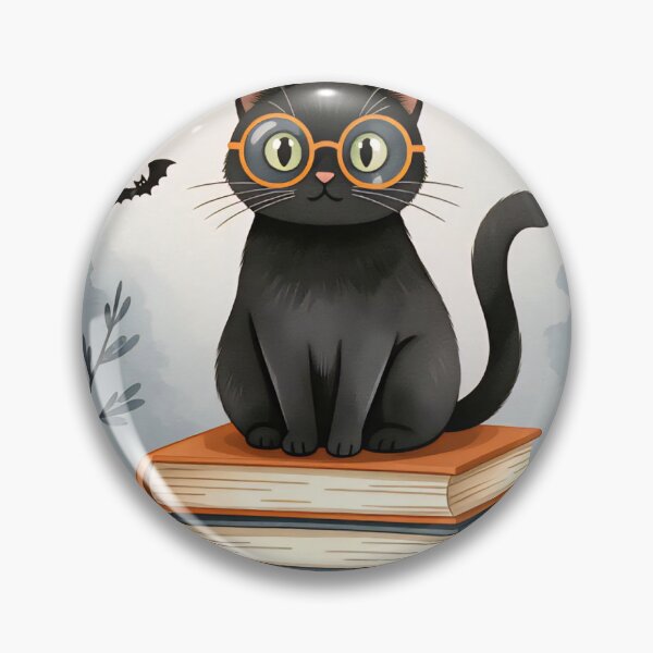 Item preview, Black cat wearing glasses sits atop a stack of books with bats and a pumpkin in a whimsical Halloween setting designed and sold by SpaceartLilu.