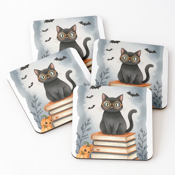 Item preview, Black cat wearing glasses sits atop a stack of books with bats and a pumpkin in a whimsical Halloween setting designed and sold by SpaceartLilu.