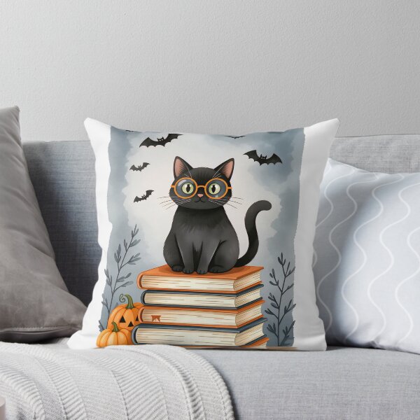 Item preview, Black cat wearing glasses sits atop a stack of books with bats and a pumpkin in a whimsical Halloween setting designed and sold by SpaceartLilu.