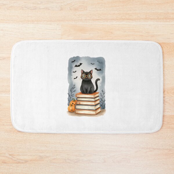Item preview, Black cat wearing glasses sits atop a stack of books with bats and a pumpkin in a whimsical Halloween setting designed and sold by SpaceartLilu.