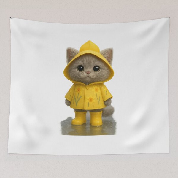 Item preview, Cute Grey Cat in Daffodill Raincoat - Adorable Spring Cat Art designed and sold by Moons Studio.